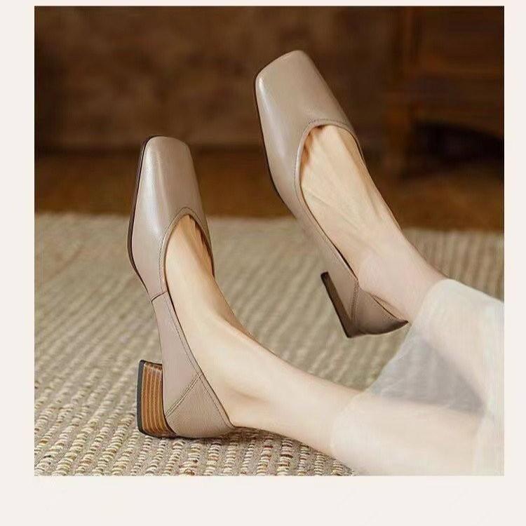 Retro niche single shoes soft and simple temperament spring and autumn new low-heeled single shoes women's square head thick-heeled single shoes