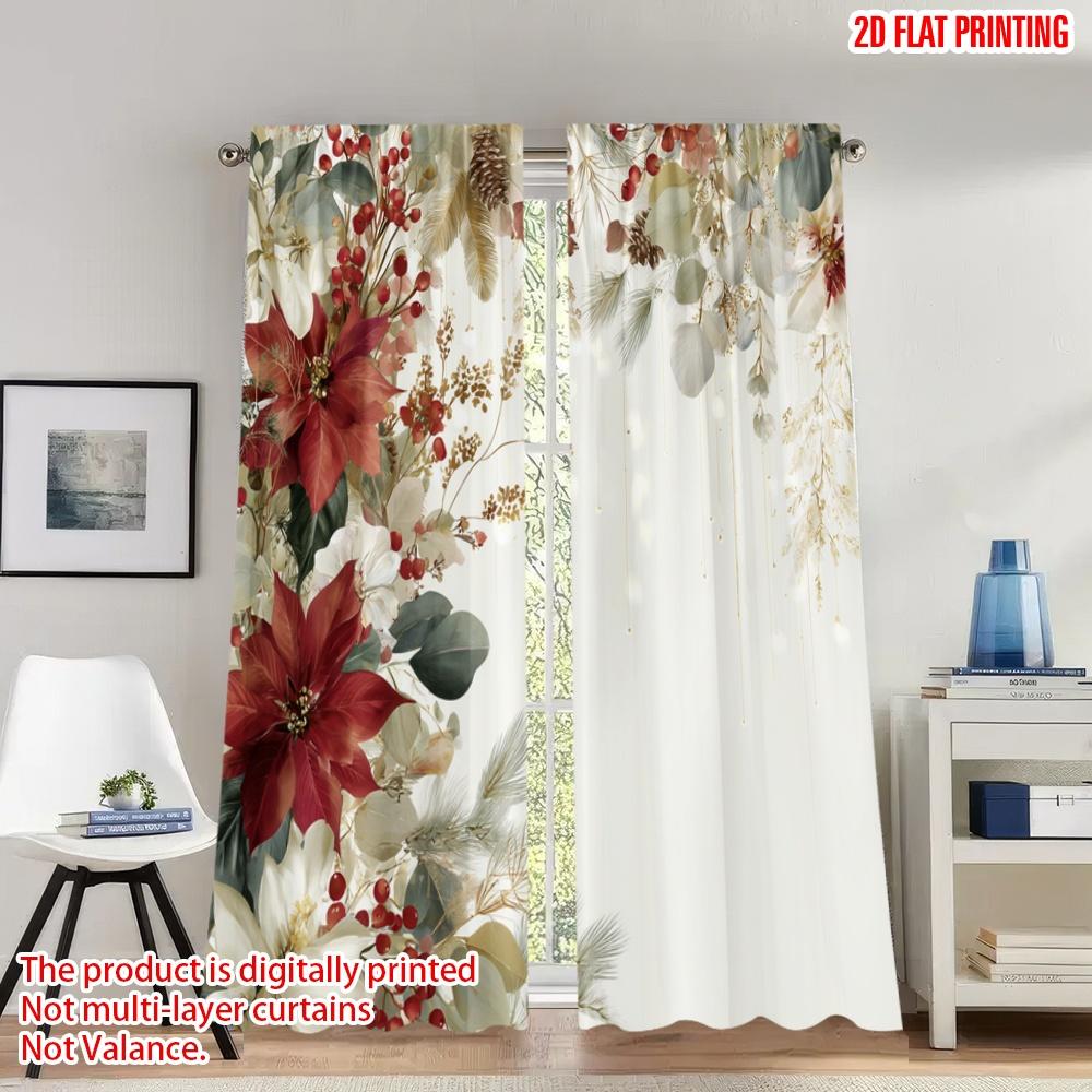 

Flat Printing Merry Christmas Curtains Poinsettia Holly Berries Digital Printed Polyester Drapes Festive Curtain Set Of 2 Made Washable W100*H70(CM)-Hooks&2PCS