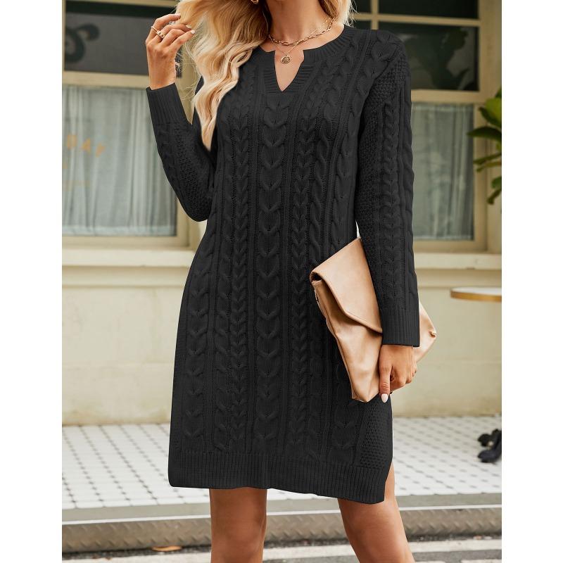 Women's Autumn/winter Twisted Flower Medium Length Solid Color Split Loose Pullover V-neck Sweater Dress