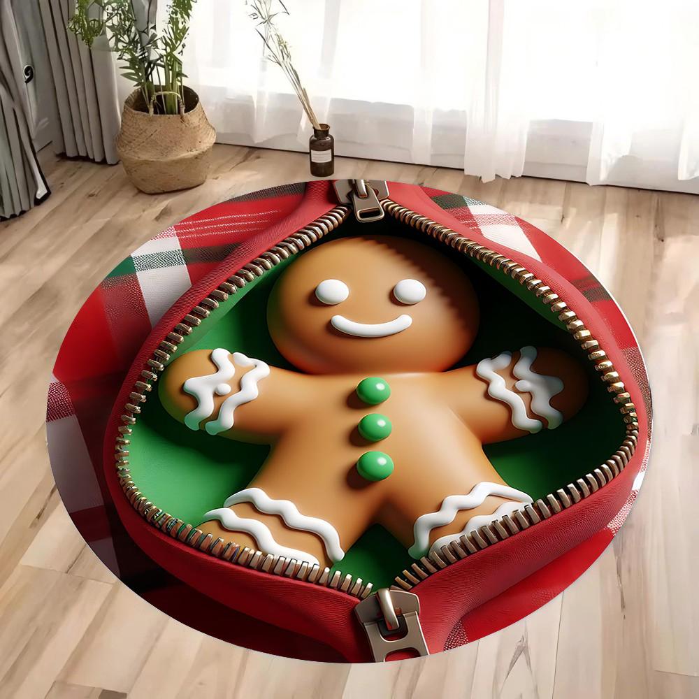 3D Plaid Zipper Gingerbread Circular Printed Carpet Merry Christmas Round Area Rug Bedroom Kitchen Mat Zipper Is Interesting Mat