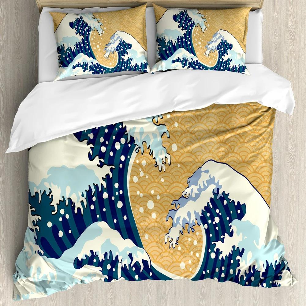 Japanese Wave Duvet Set Three-Piece Set, Japanese Traditional Painting Sea Theme Bedding Set
