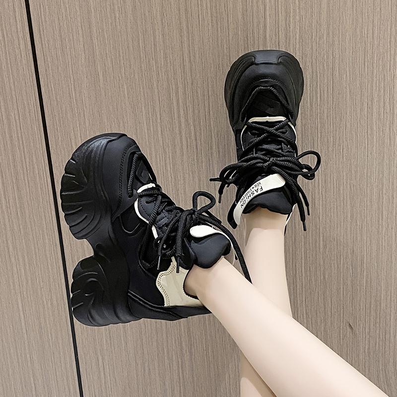 Fashion 2025 New 10.5cm Breathable Leather Shoes  Winter Wedge Heels Casual Women Walking Sneakers Autumn Lace-up High Platform Chunky