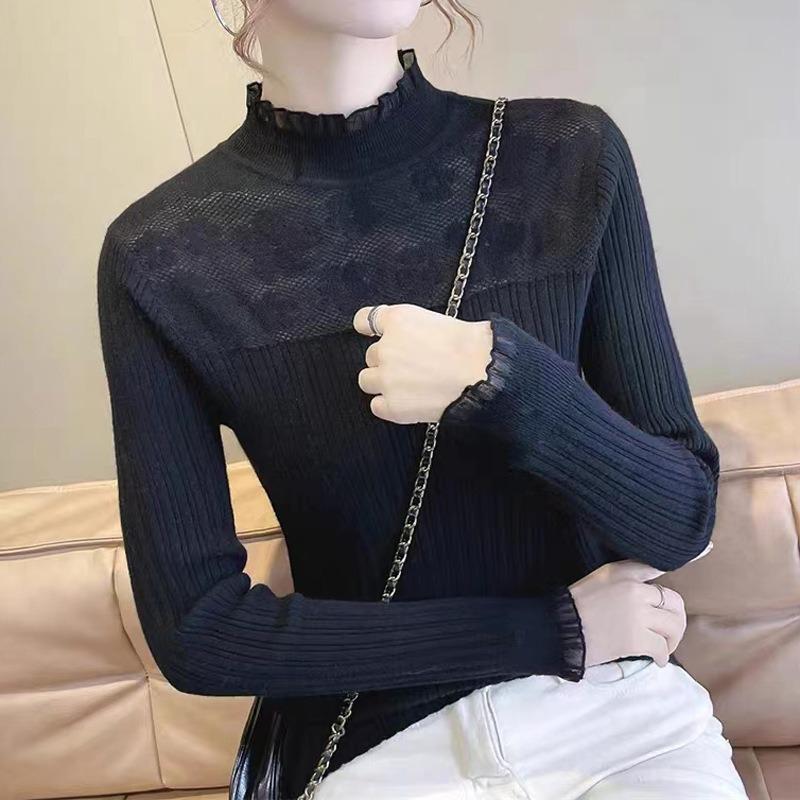 Autumn and winter new fashion semi-turtleneck knitted sweater with top women's lace edge slim-fitting and thin sweater bottoming shirt