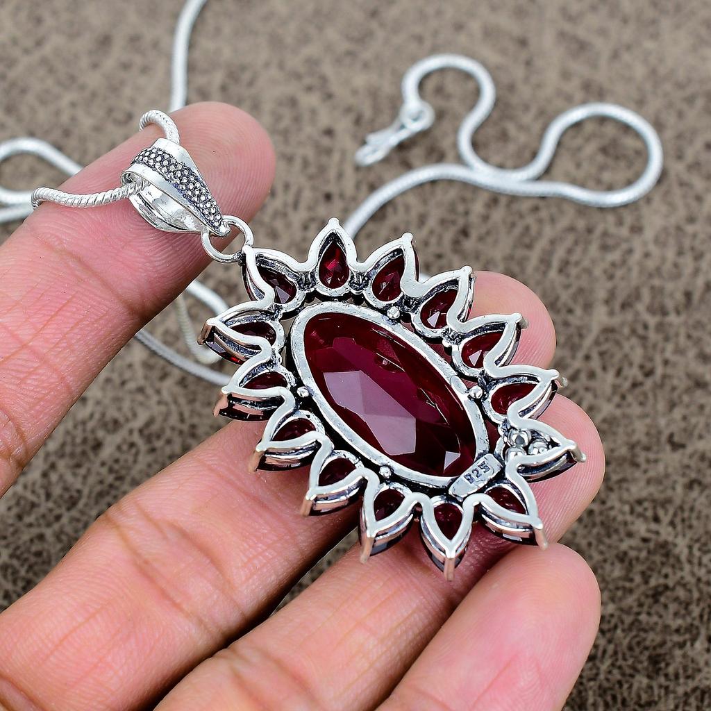 Garnet Gemstone Handmade 925 Sterling Silver Jewelry Pendant 2.48" KKG-297