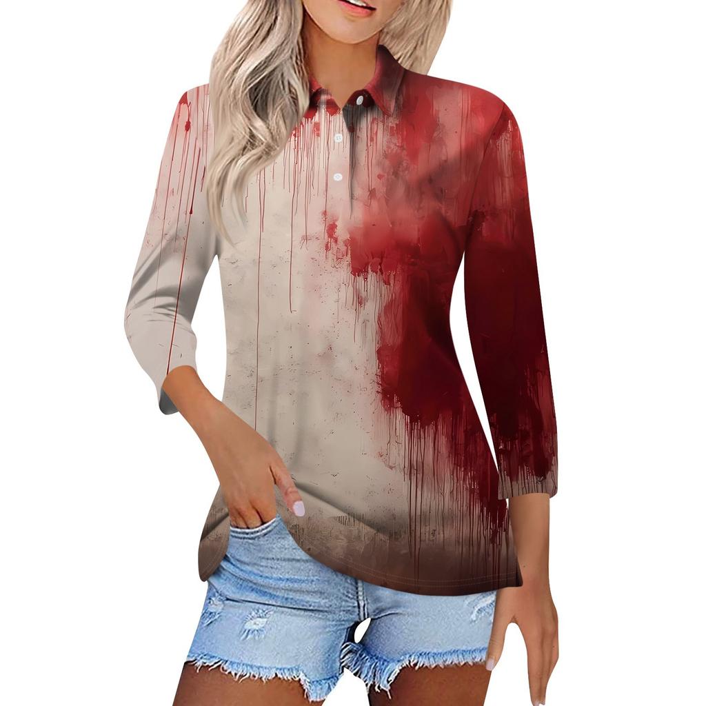 Women's Fashion Casual Lapel Short 3/4 Sleeve Halloween Print Shirt Women's Button Up Tops