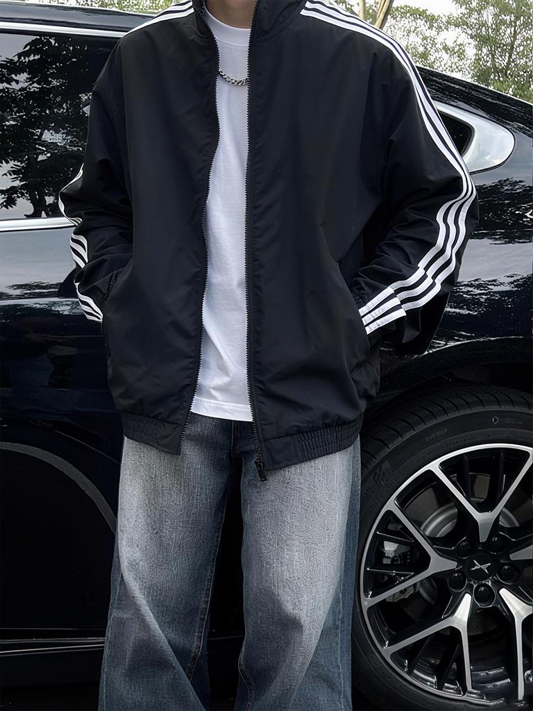 Men's Retro 3 Stripe Stand Collar Track Jacket Casual Short Bomber Sports Coat