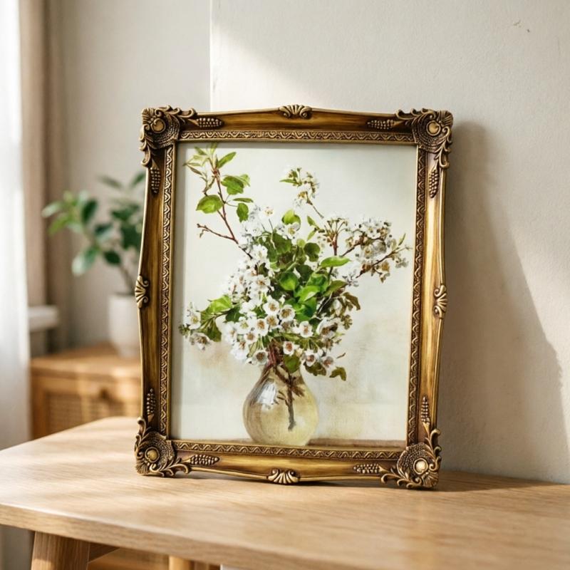 Living Room Wall Art Picture Frame, Ornate Resin Florals Artwork Framed Decors with European Relief Detailing, Decorative Photo Frame for Bedroom and