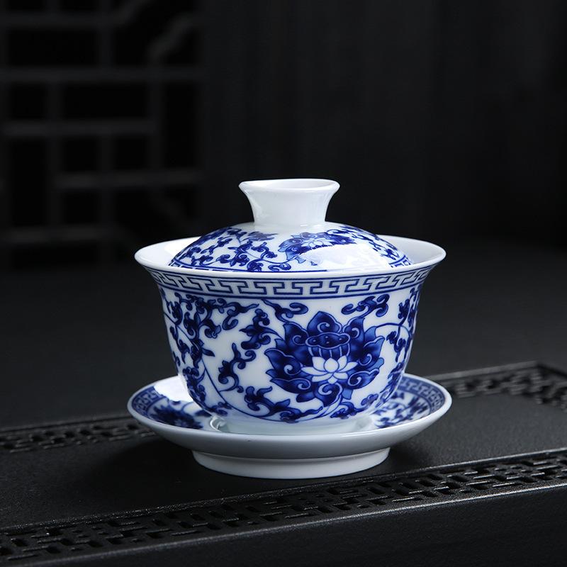 NEW Glazed Color Covered Large High Blue and White Porcelain Three Talents Japanese Style Bowl Tea Cup Manufactu