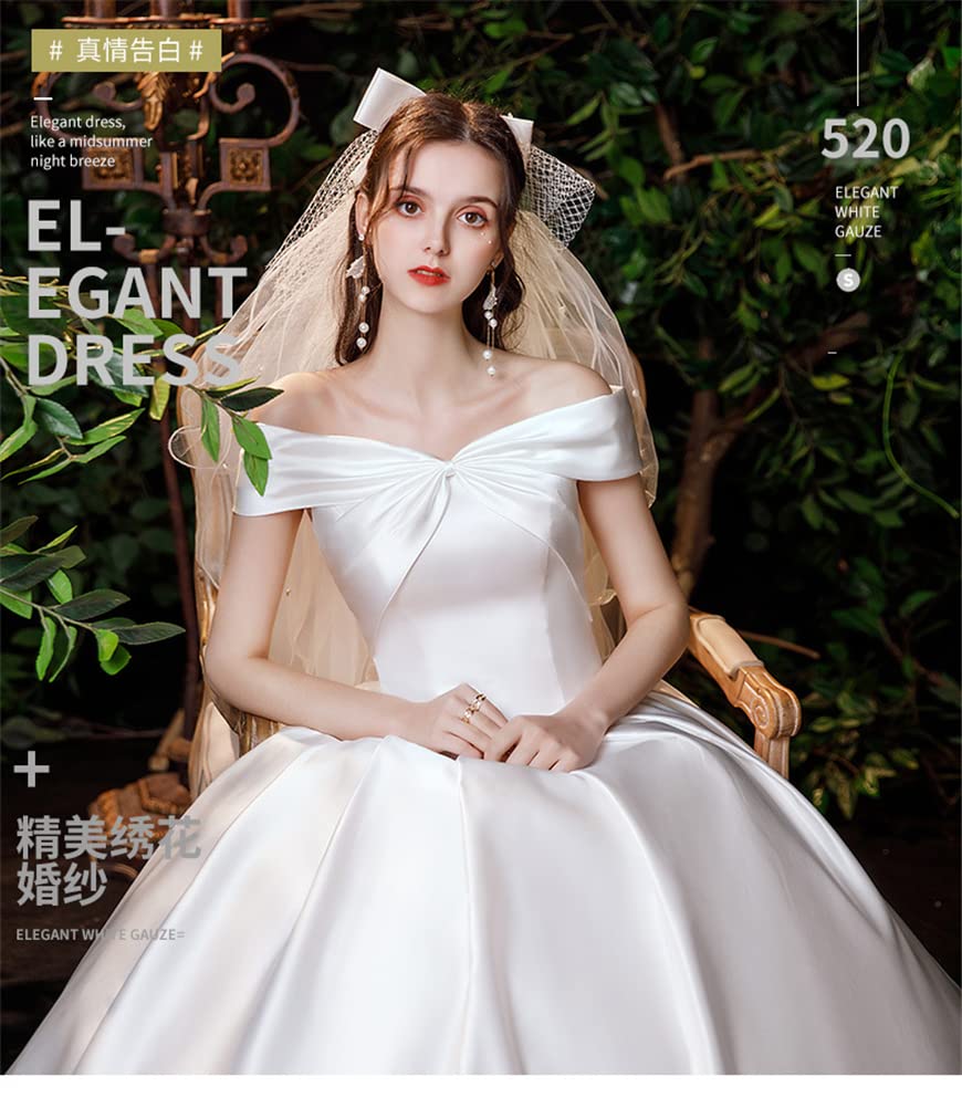 JINZUOMA Satin Wedding Dress with Back Elegant and Formal for and Other Occasions Size Women's Off-the-Shoulder Ribbon, Weddings, Concerts, (White, M)