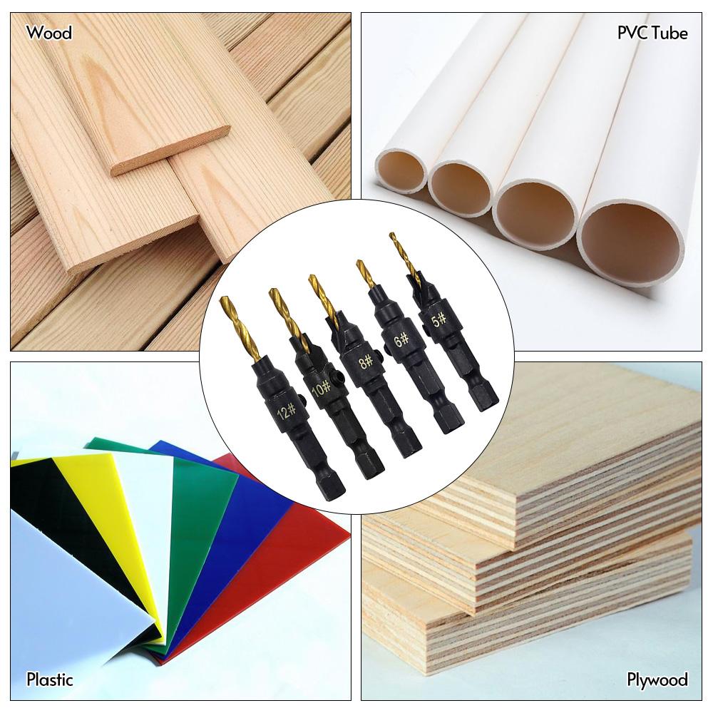 5PCS Countersink Drill Bit Set High Speed Steel with 1 Free Hex Key Wrench for Woodworking and Carpe