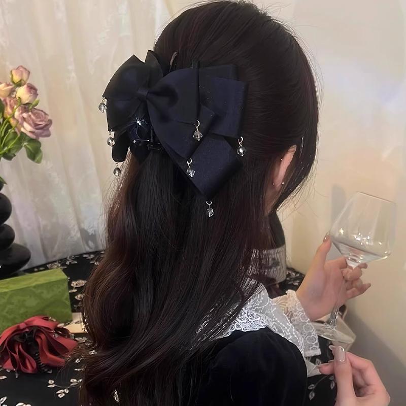 French Retro Bow Beads Claw Clip Korean Fashion Red Ponytail Clip Women's Hairpin Hair Accessory