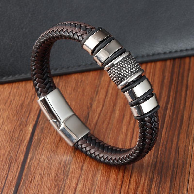 Fashion Handmade Men's Leather Bracelet Trendy Classic Charm Braided Wrap Stainless Steel Bracelets Punk Bangles