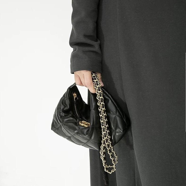 Rhombus Chain Hobo Dumpling Bag Black Sheepskin Double Circle Hardware Underarm Bag Method Stick Shoulder Bag Women