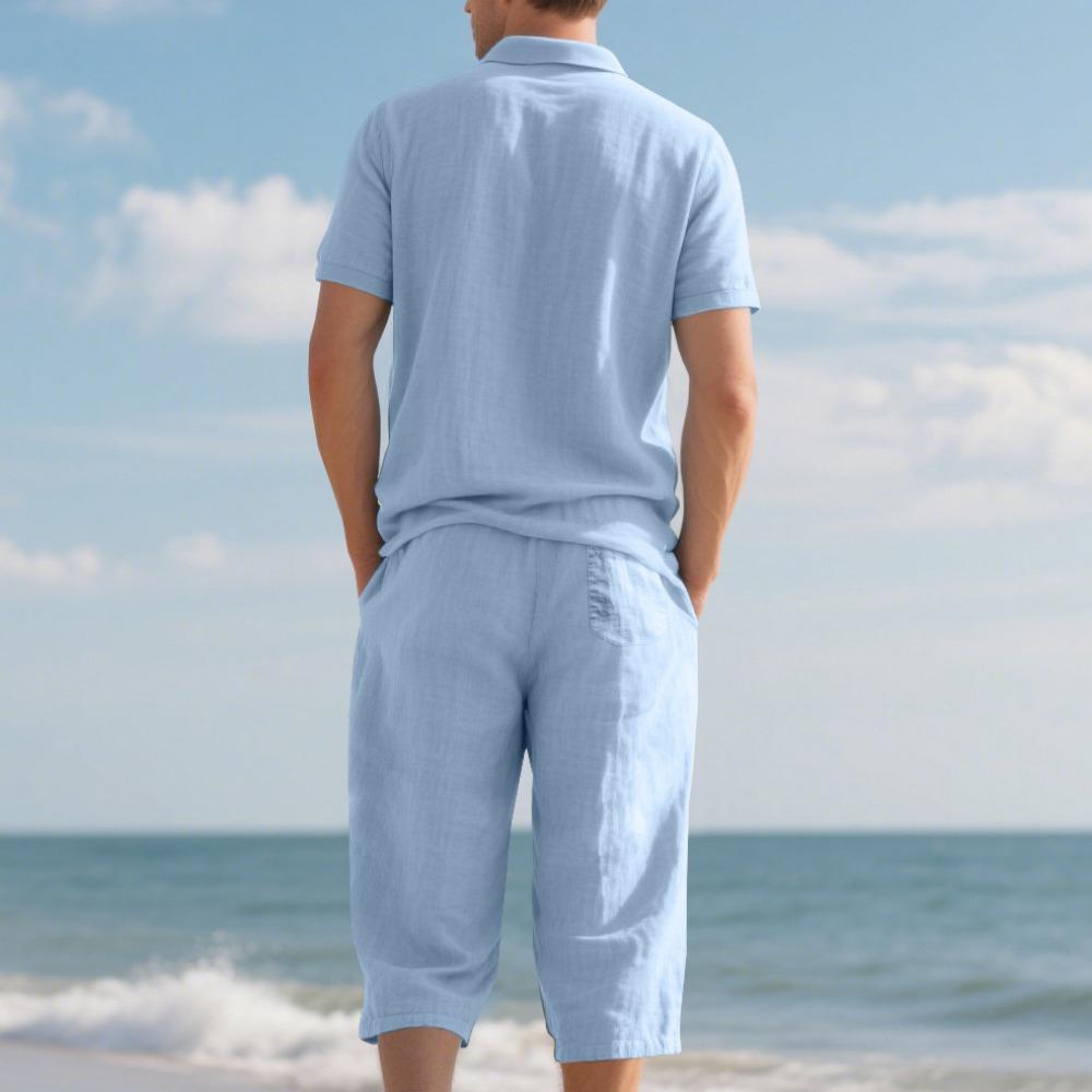 Men's Summer New Short Sleeve and Shorts Set, Made of Linen Fabric, A High-Quality Two-Piece Short Sleeve and Shorts Set
