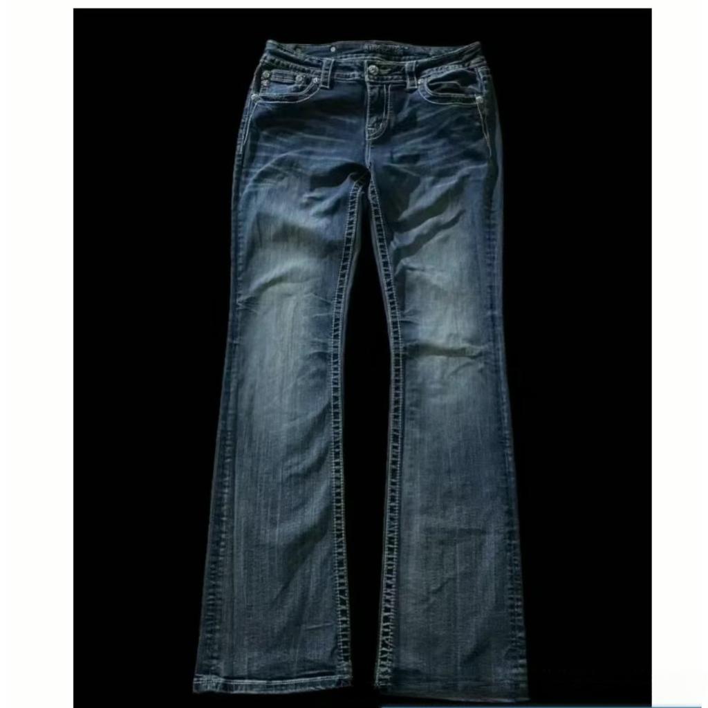 RogueWave American Vintage Y2K Rhinestone Wing Embroidered Jeans Womens Blue Low Rise Flared Denim Pants with Studded Pockets Streetwear