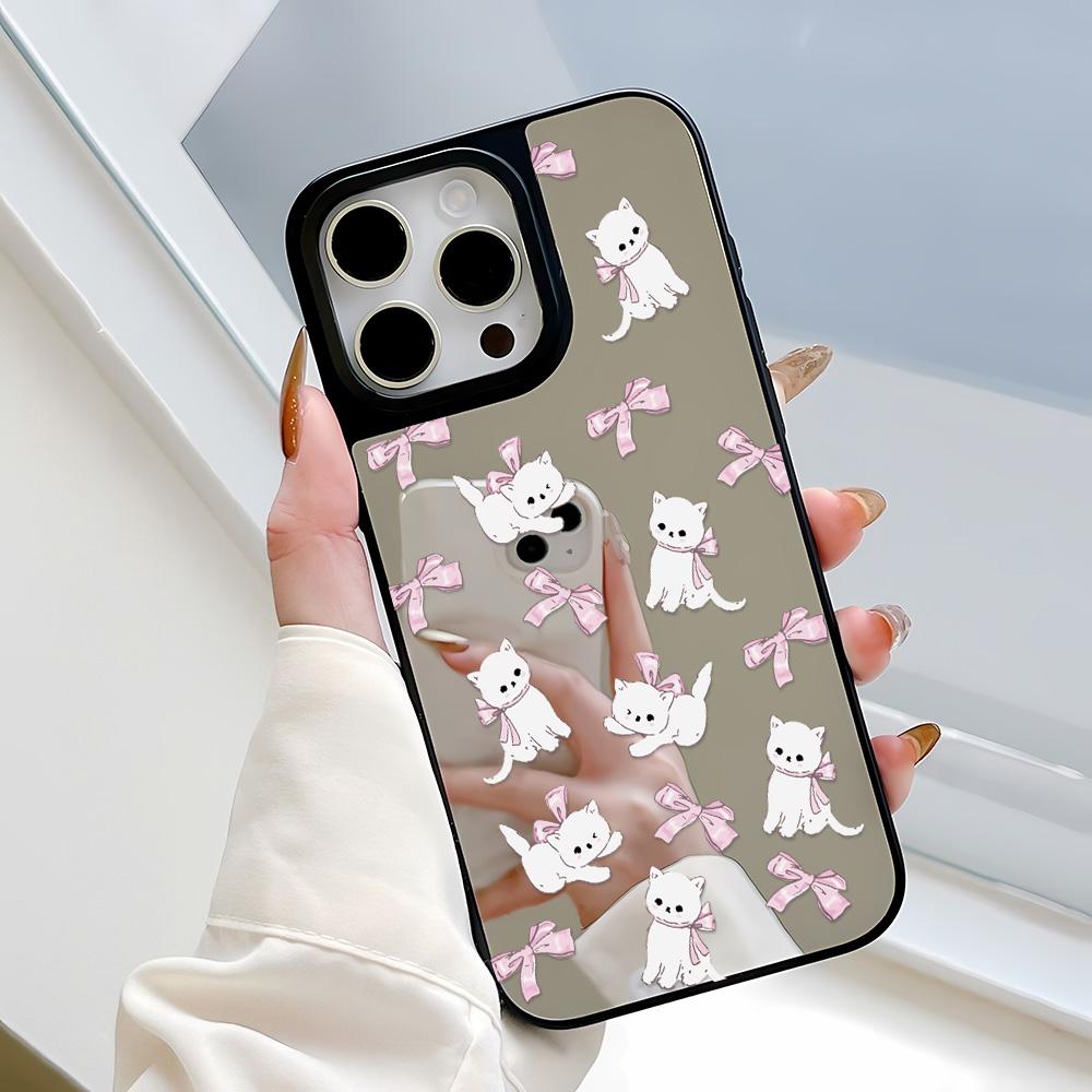 

Зеркальный чехол для телефона для iPhone 15 11 13 14 для 15 16 Pro Max 12 13 16 Pro Чехол для телефона в милом стиле с облаками, цветами и животными iPhone 16 чёрный