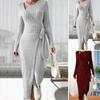 Women Fall Winter Knitted Solid Color Wrap Dress Hollow Out Lace Up Waist Round Neck Long Sleeve Irregular Hem Elastic