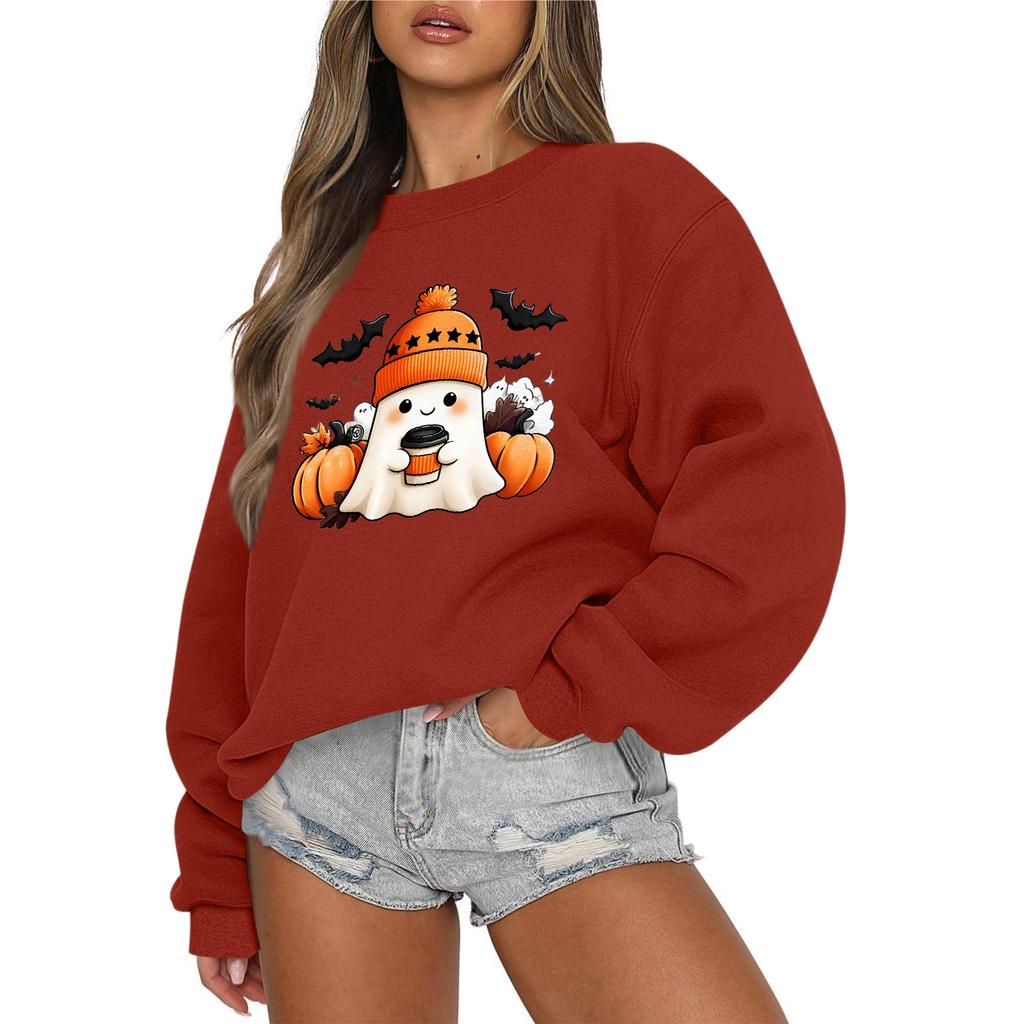Women's Casual Fashion Round Neck Long Sleeve Halloween Printed Sweatshirt
