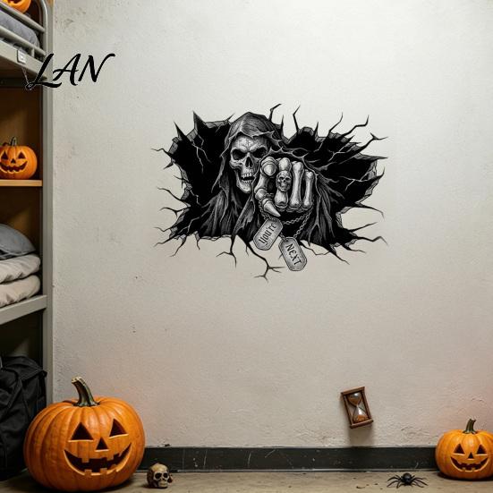 Haunted House Decoration Grim Reaper Wall Sticker, 3D Breaking Through Art Decal, Scary Halloween Decor Skull Mural for Home Bar Pub Party Supplies
