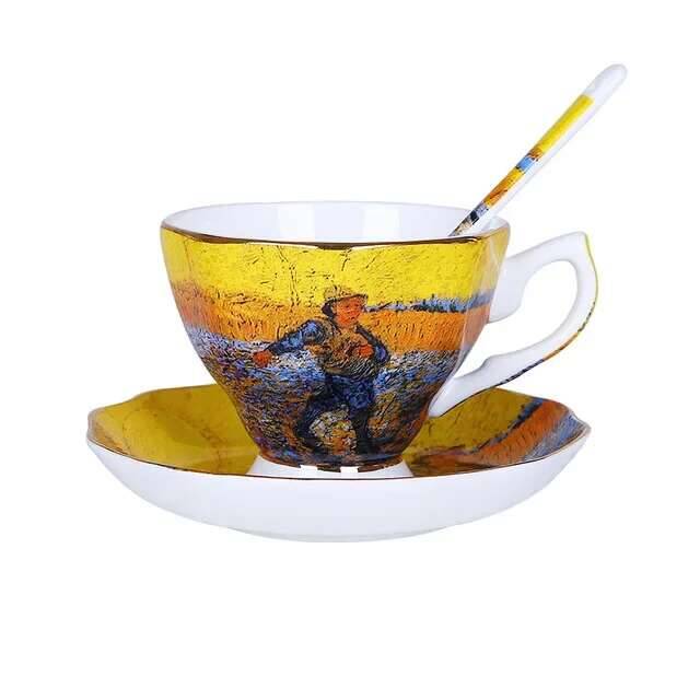 Bone Ceramics Van Gogh Art Painting Starry Night Sunflowers Sower Iris Saint-remy Tea Cups Mugs Coffee Cup Saucers Spoons Set