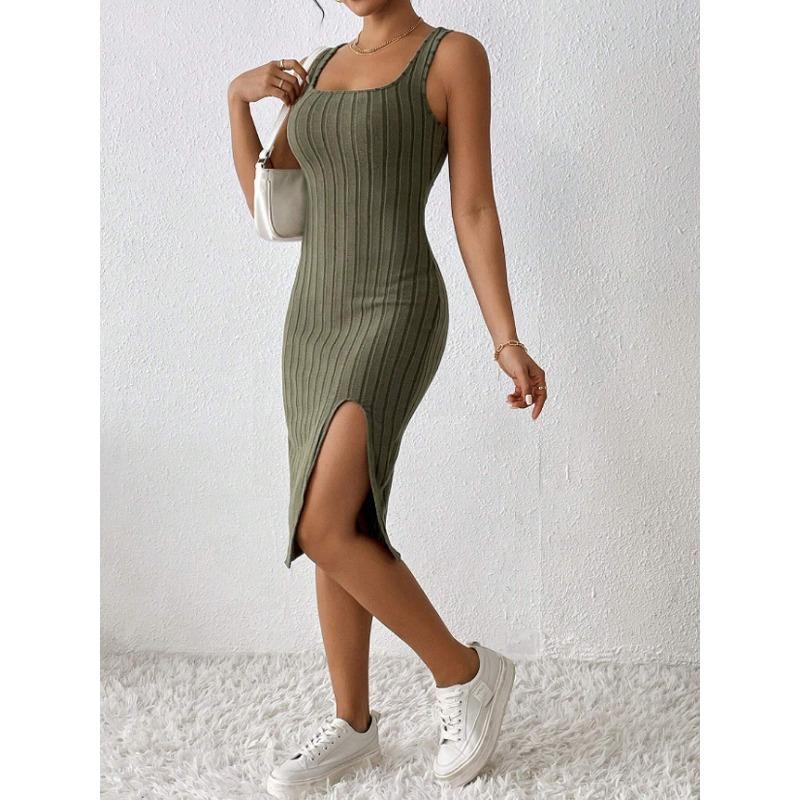 

YYFS Женская мода лето весна однотонный принт без рукавов квадратный воротник высокая талия повседневные платья XXL армия зеленый