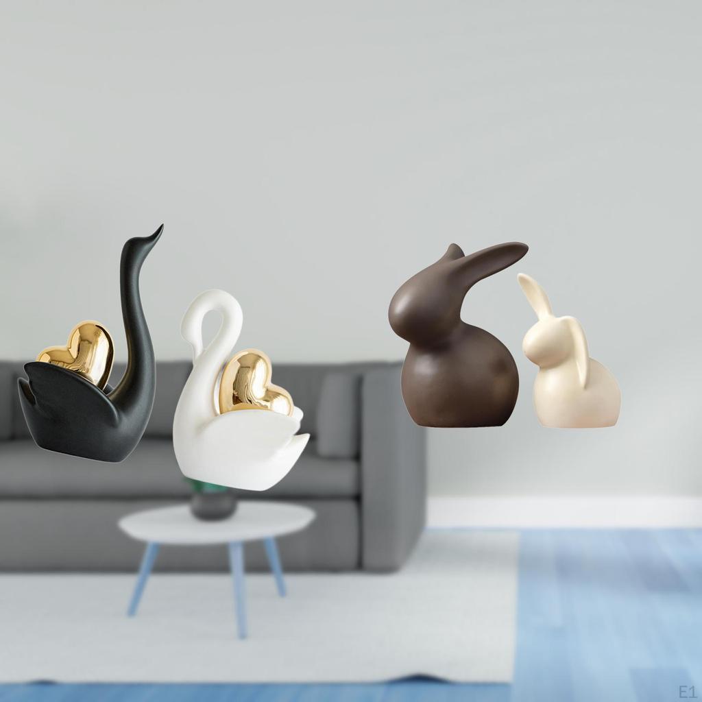 Elegant Swan And Figurines Set for Tabletop Bookshelf Decor Porcelain Animal Statues
