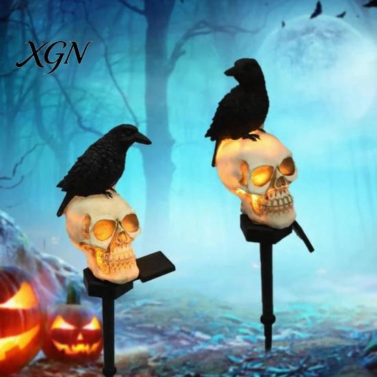 Weatherproof Solar Lights for Outside LED Crow Skull Light, Waterproof Halloween Pathway Gothic Horror Party Gifts Collectors on Skeleton Head