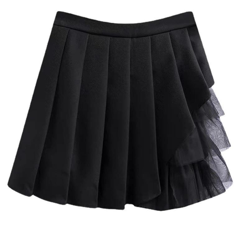 Women's Summer Mesh-Panel JK Pleated Skirt High-Waisted Slimming Petite Suit A-Line Casual Design-forward Slimming All-match Versatile Short Skirt