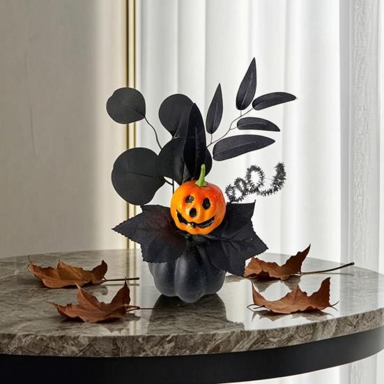 Halloween Spooky Pumpkin Decoration, Eyeball Pumpkin Figurine with Black Artificial Leaves, Holiday Party Ornament for Home, Office, Haunted House