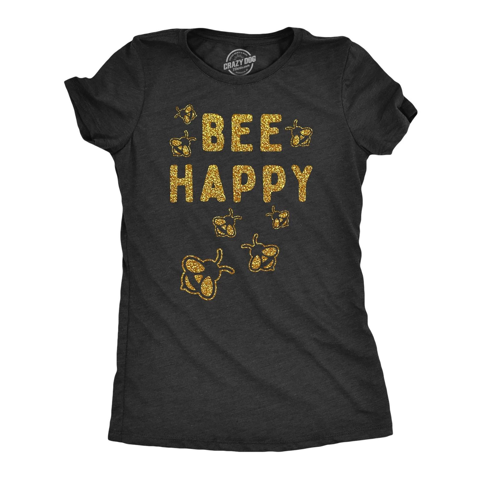 Womens Bee Happy Glitter T Shirt Cute Earth Day Bee Graphic Novelty Tee for XL