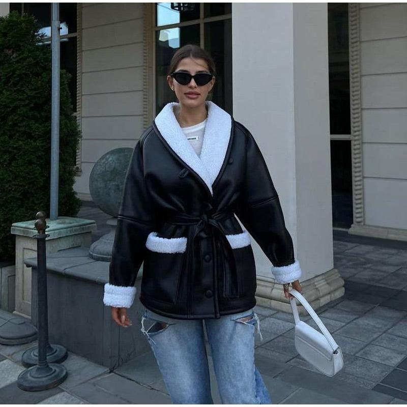 

Зимняя меховая кожаная толстая куртка для женщин, искусственная овчина, однобортная, с отложным воротником, поясом, пальто, женская верхняя одежда с длинным рукавом S