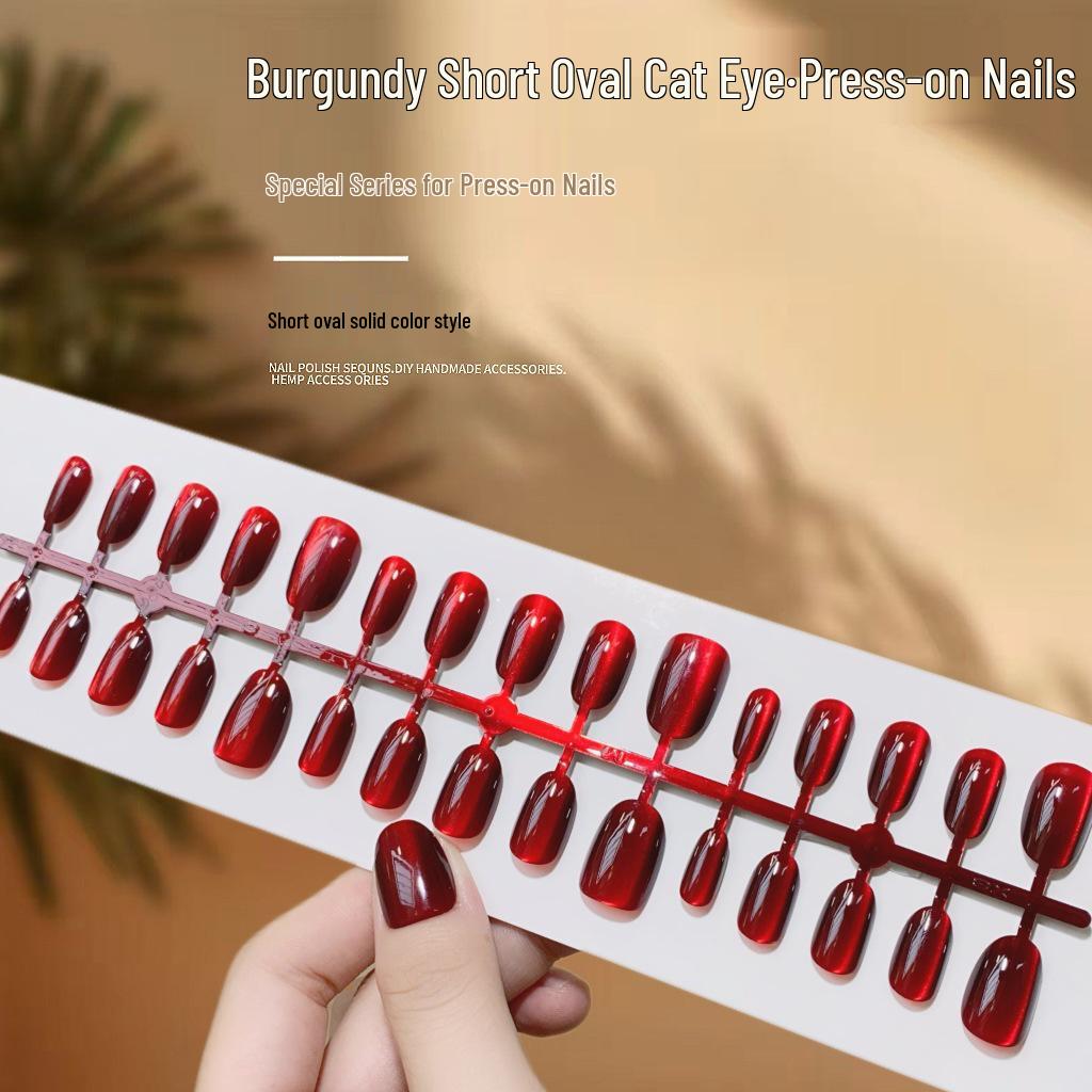Burgundy Cat Eye Oval False Nails: Short, Wearable, Noble Cherry Finish