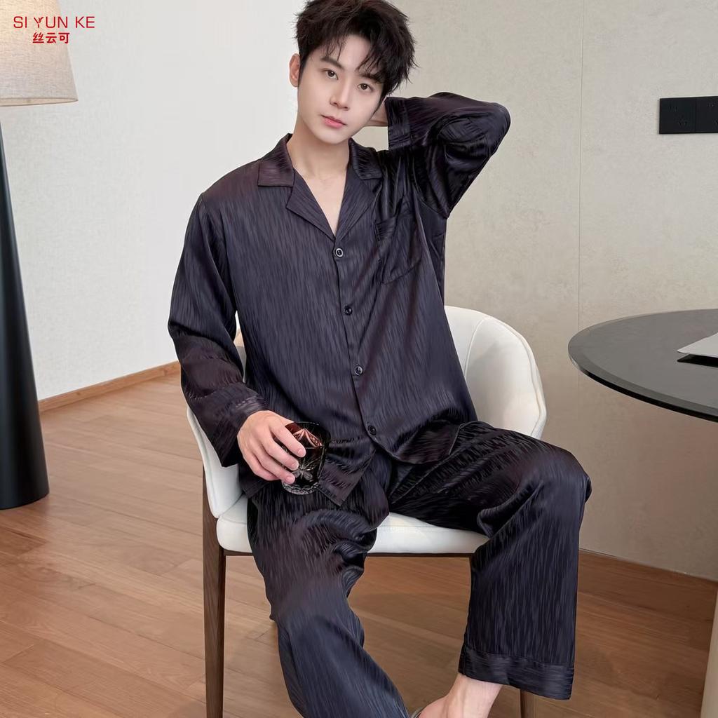 New men's pajamas spring and autumn ice silk long-sleeved trousers set high-end satin simulation silk loungewear can be worn outside