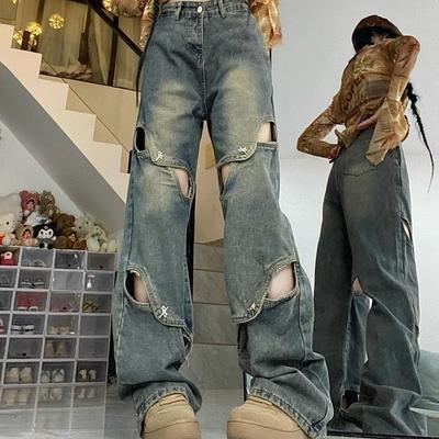 Street Style Américain Taille Haute Polyvalent Jean Déchiré pour Femmes Été Pantalon Long Creux Droit Jambe Large