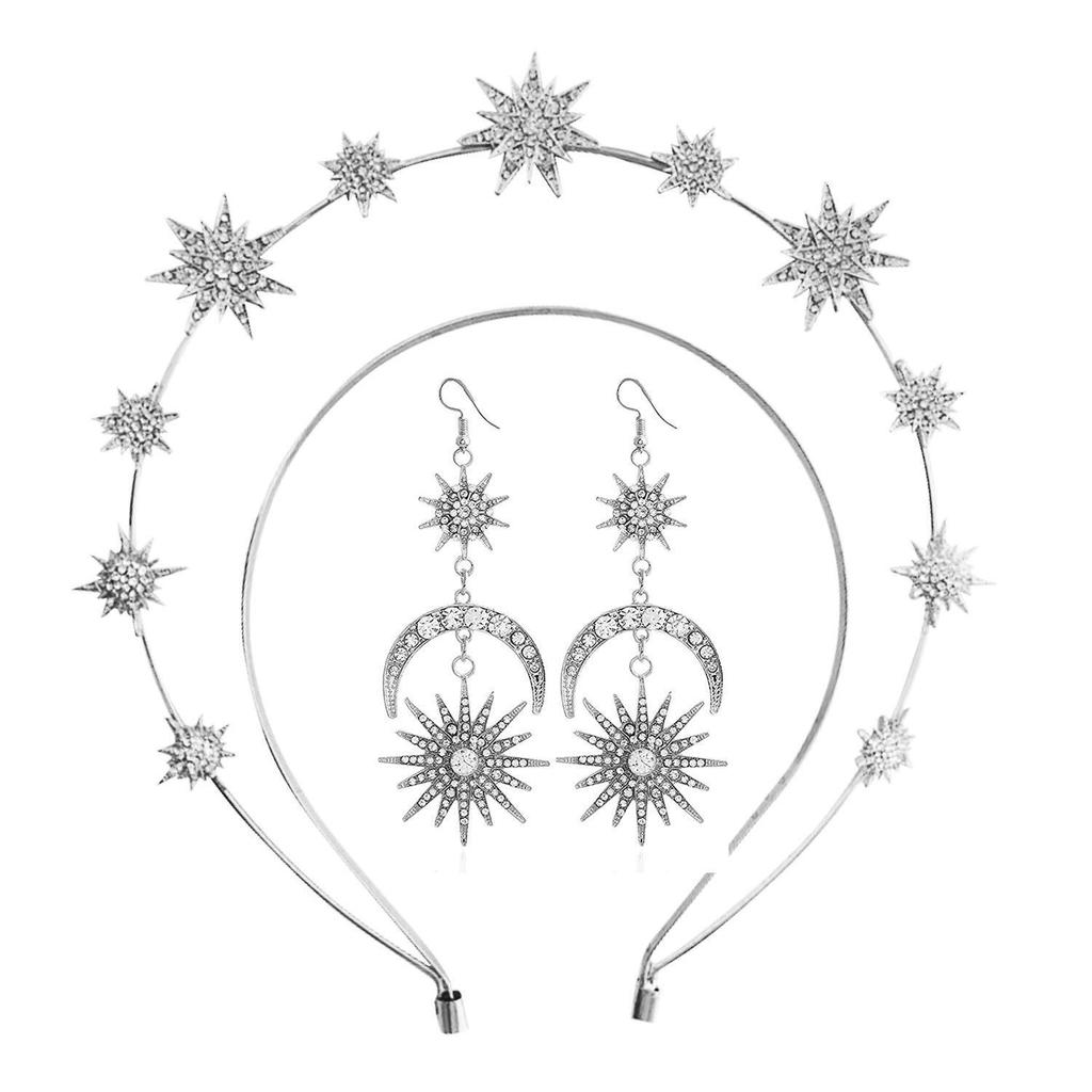 Baroque Sun & Moon Earrings Set with Halo Headband, Double-Layer Star Design & Sparkling Long Earrings