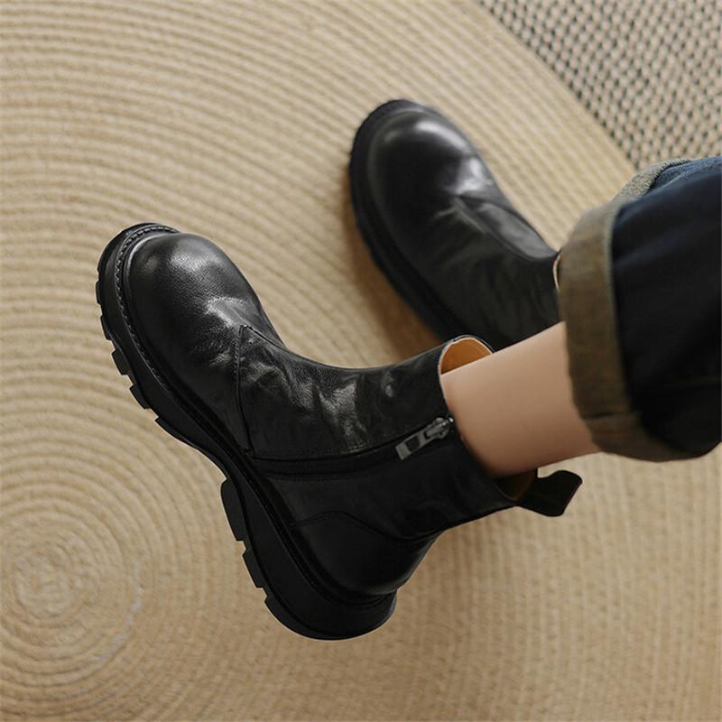 Fashion New Autumn Winter Genuine Leather Women Boots Fashion Chelsea Boots for Women Round Toe Short Boots Platform Shoes Botines Mujer