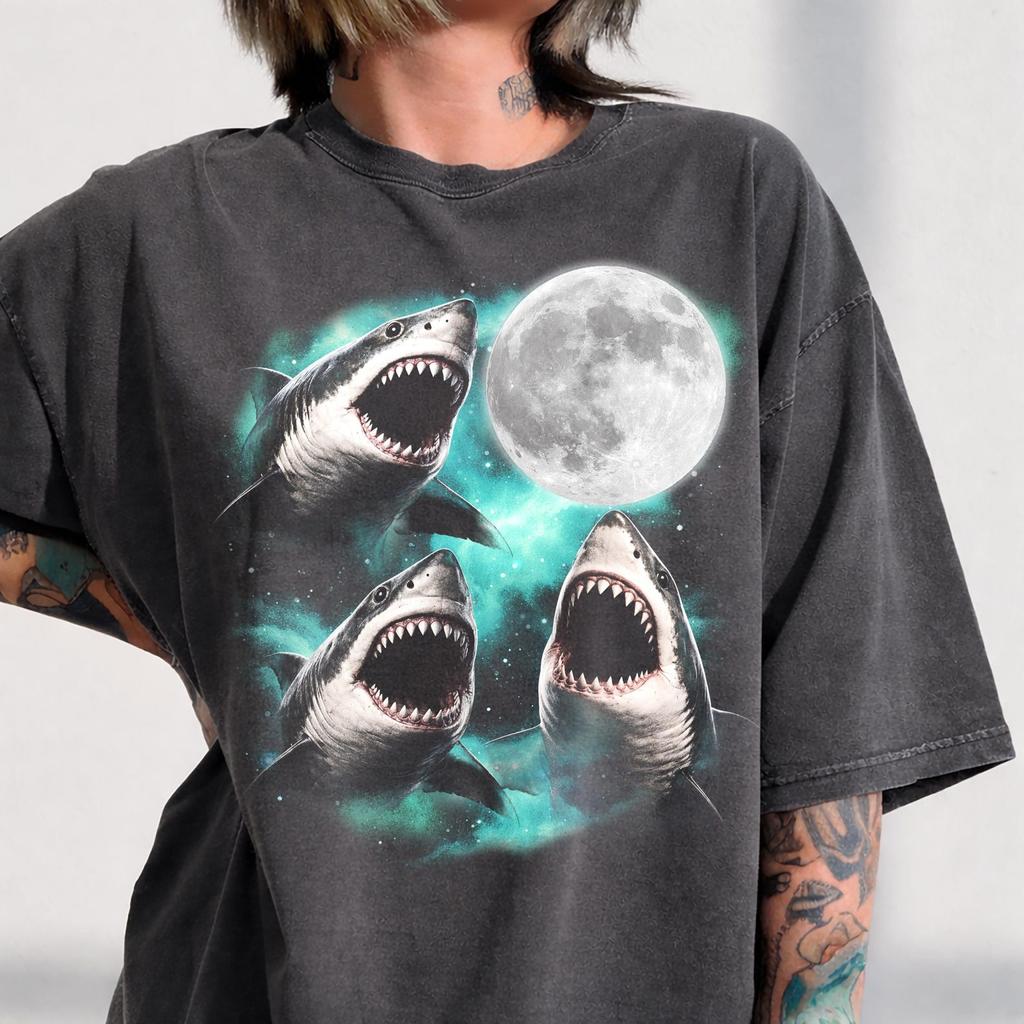 Three Sharks Howling Moon Graphic Shirt, Retro White Wildlife Y2k Top