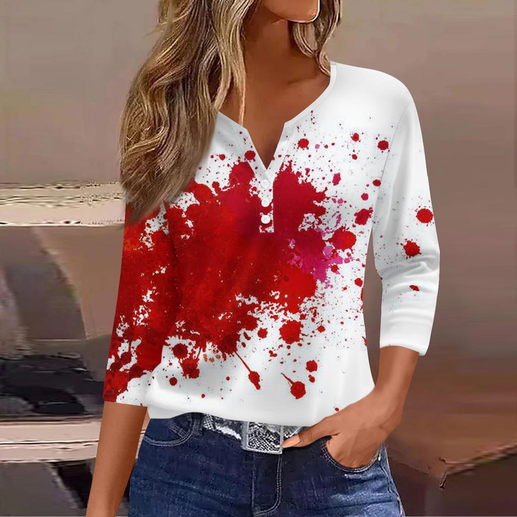 Damen Lässige Mode V-Ausschnitt Locker Vielseitig Halloween-Print Dreiviertelarm Oberteil