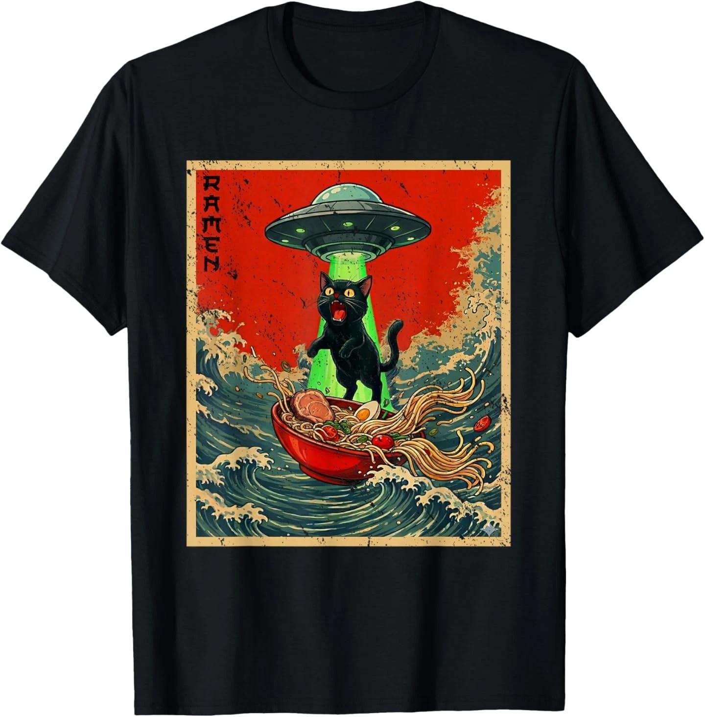 Cat Ramen UFO Japanese Anime Graphic Tees Men Women Teens 100% Cotton T-shirt Mens Tees Top 3XL
