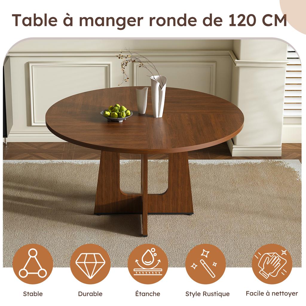 Modular Round Dining Table, 120 Cm Diameter, 76 Cm Height, MDF with Walnut Veneer, Space for 4 People – for Dining Room, Kitchen and Living Room