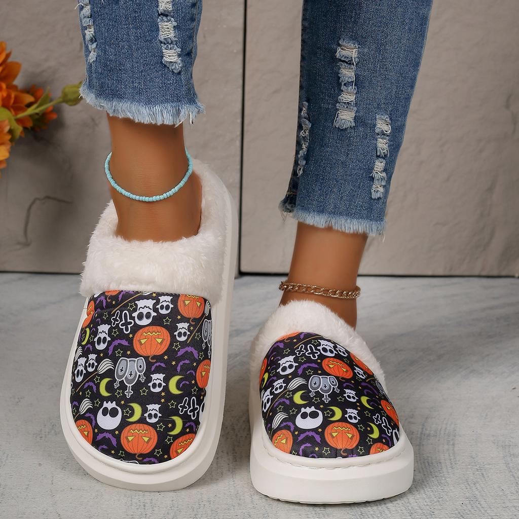 2024 New Halloween Pumpkin Skull Pattern Printed Strap Comfortable Home Cotton Shoes