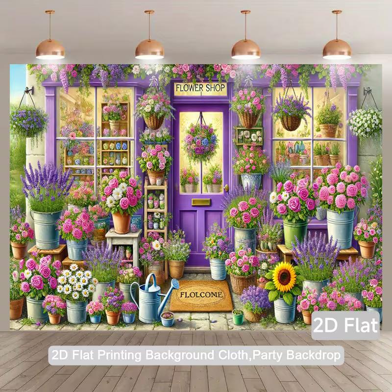 2D Floral Shop Backdrop Colorful Flower House Background Banner for Party