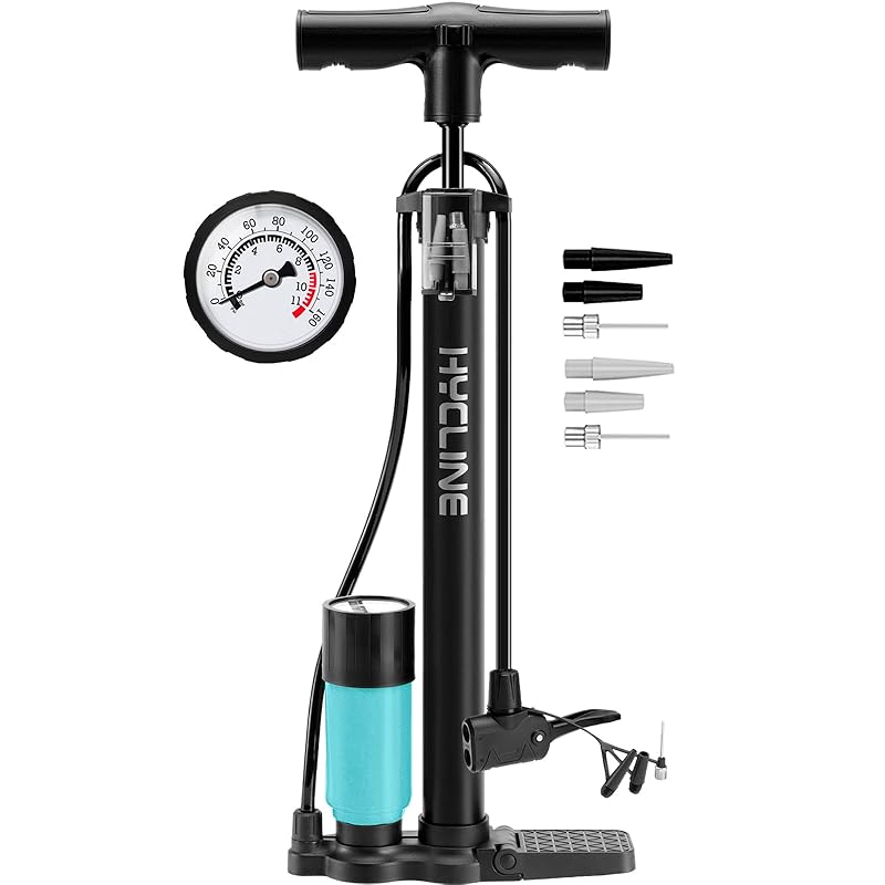 Hycline Portable Bicycle Floor Pump, 160 PSI, Compatible with American, Presta, and British Valves, Lightweight Manual Tire Pump for Bikes, Balls,