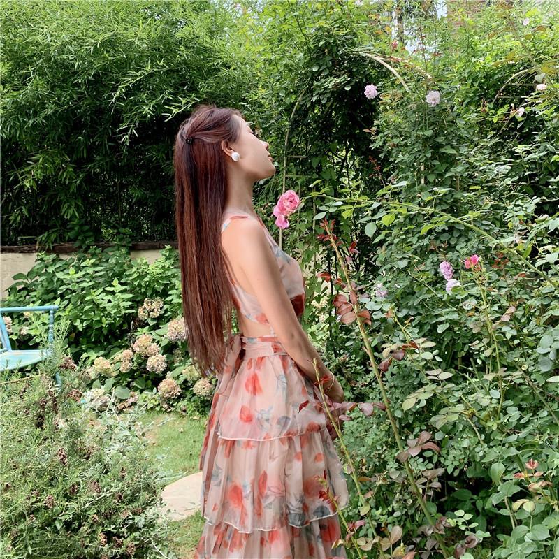 Women's Summer Waist Slimming Backless Hanging Neck Holiday Beach Ruffle Printed Long Skirt