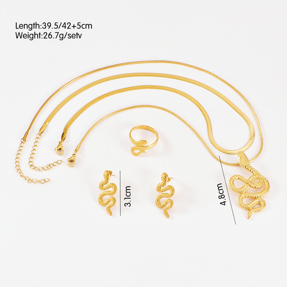 Stainless Steel Snake Jewelry Set: Retro-Style Necklace, Earrings, and Ring.