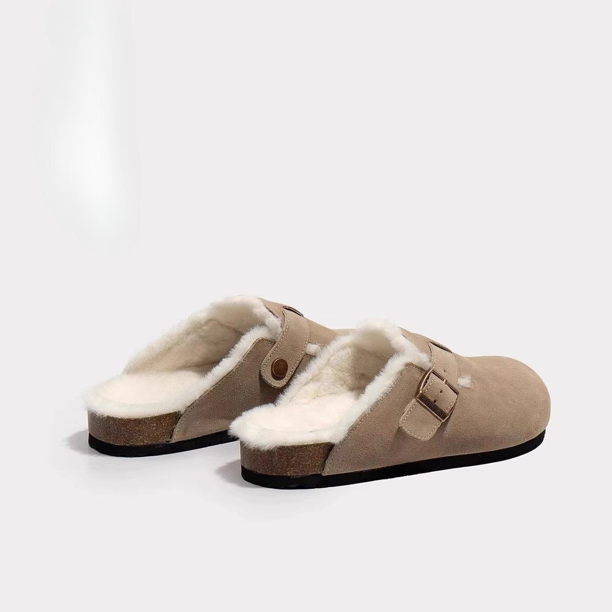 

2024 Unisex Birkenstock Leather & Velvet Slippers: Outdoor Half-Slippers for Couples – Perfect for Autumn & Winter 35 легкие хаки