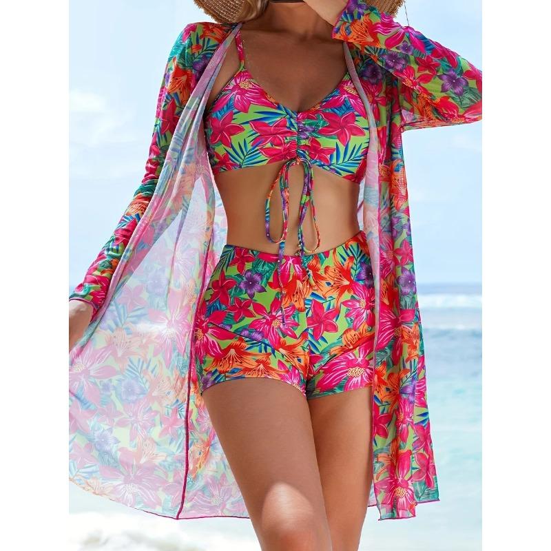 3 Pieces Tie Dye Bikinis Swimsuit 2026 New Women Drawstring Front Swimwear Female High Waist Shorts Bathers Swim Suit Beachwear