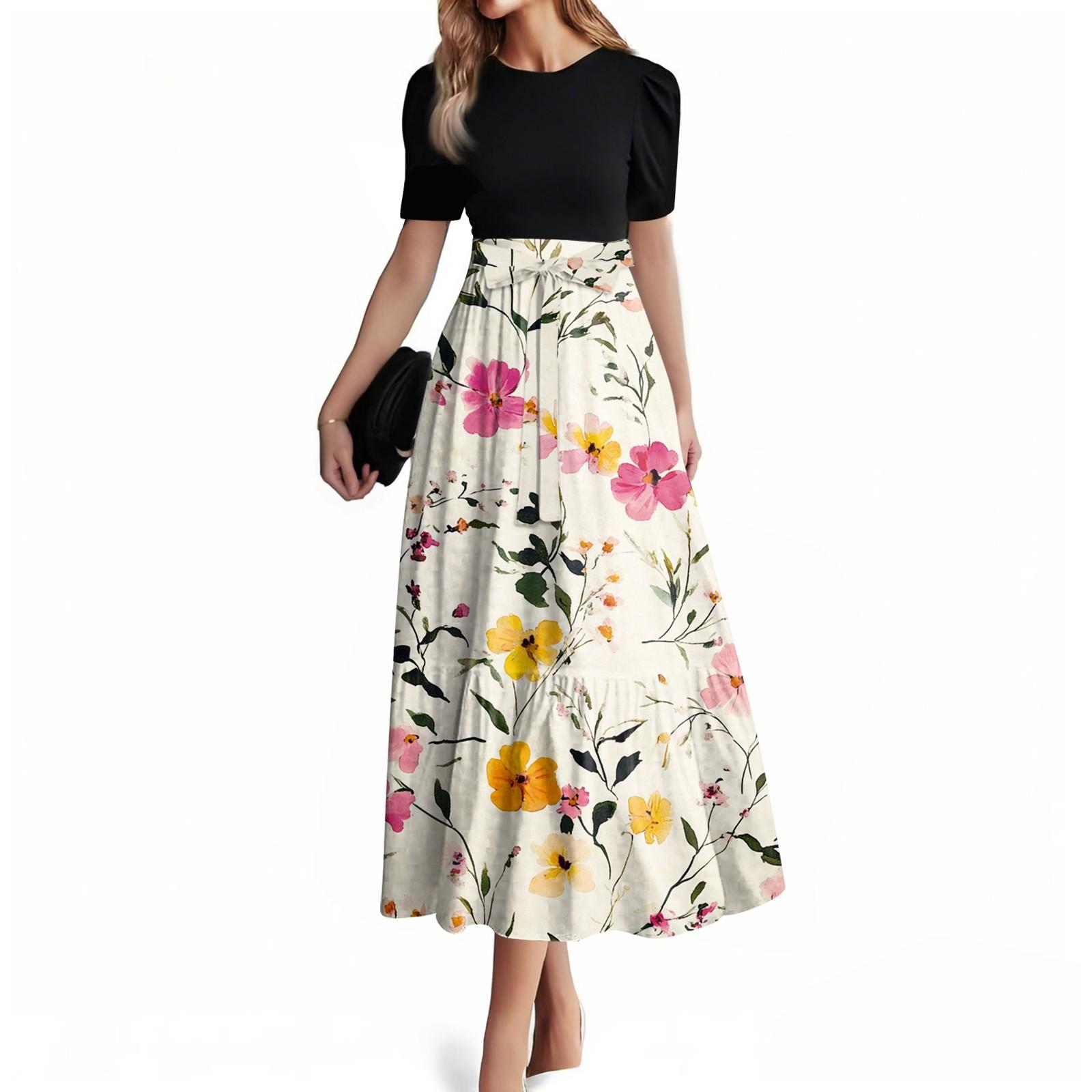 

Жіноча мода випадковий пояс короткий рукав круглий виріз шиття елегантний темперамент сукня M жовтий