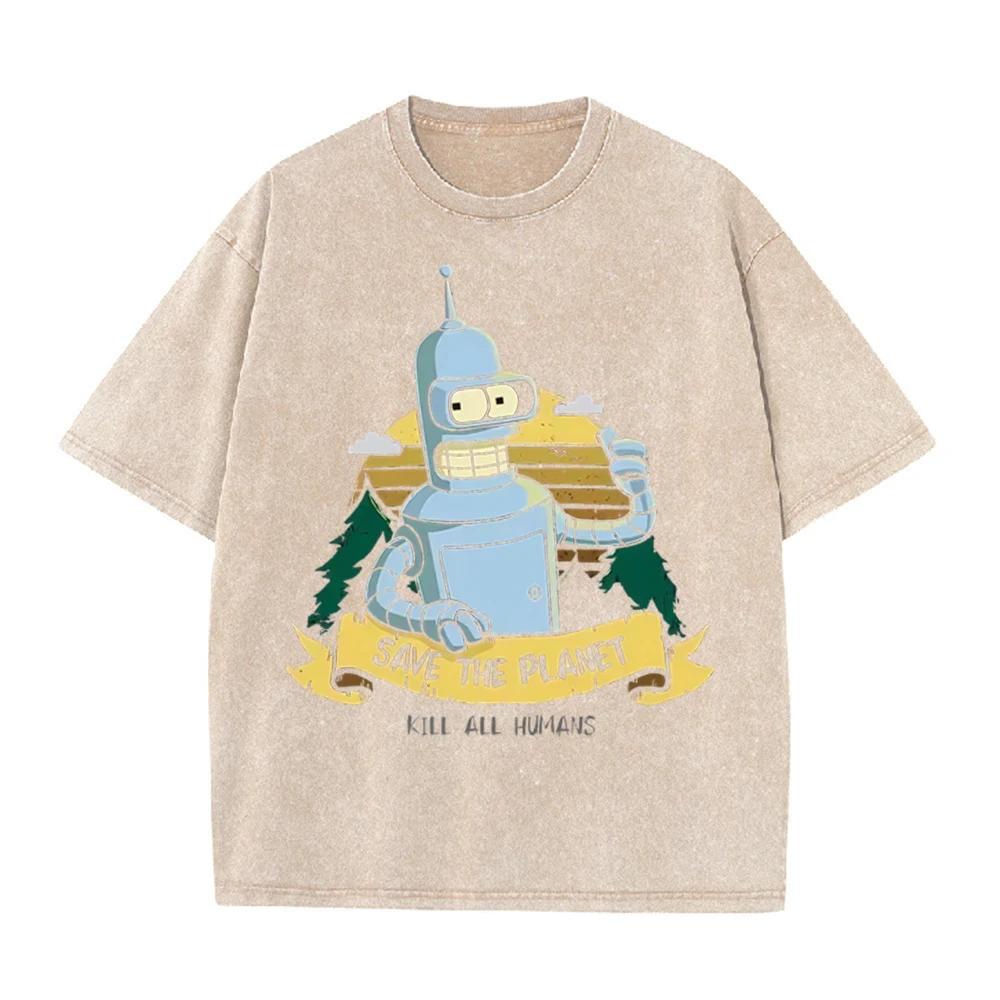 2026 New Hot Fashion Save The Planet Kill All Humans Funny Tops Robot Print Summer Tshirts Men Women Short Sleeve Cotton Tops