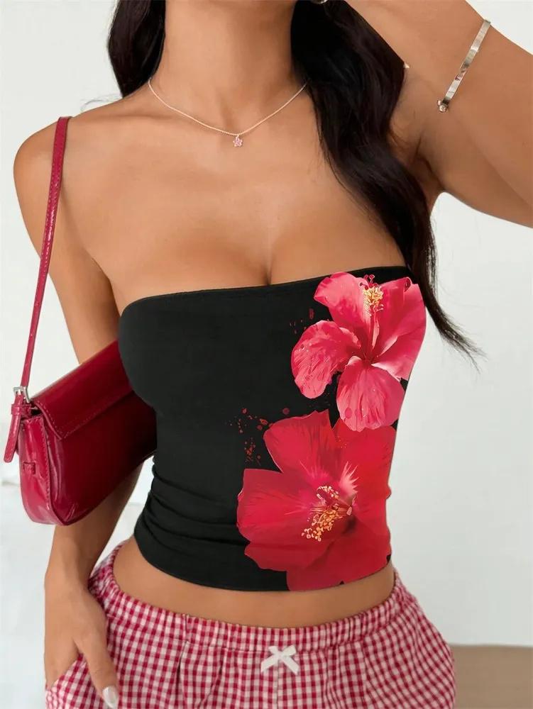 Crop Top Phumee Sleeveless Floral Printed Tube Top Off the Shoulder A2492